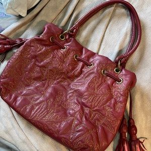 RARE Isabella Fiore Red Quilted Leather Song Bird Embroidered Shoulder Hobo Bag